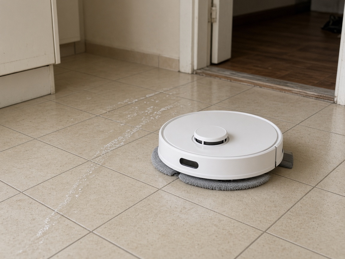 Aspirator robot cu mop pe gresie lângă prag