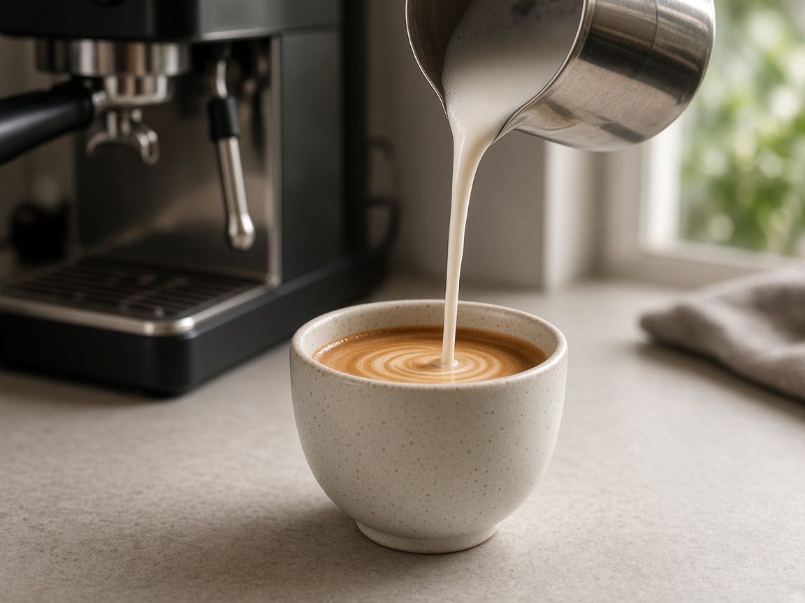 Lapte spumat turnat în ceașca de espresso