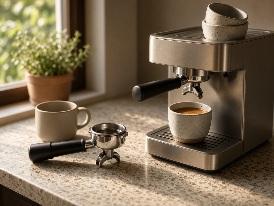 Espressor de casă pe blat, lângă cești