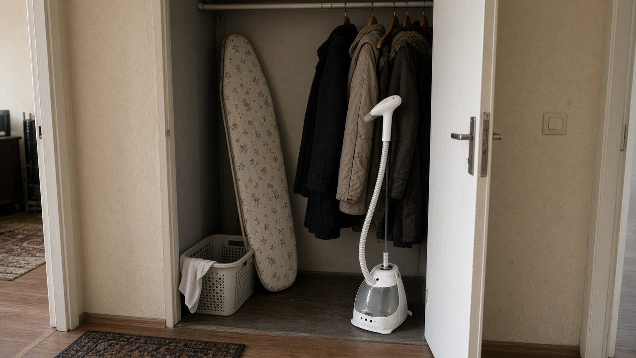 Masă de călcat strânsă lângă un steamer vertical în hol